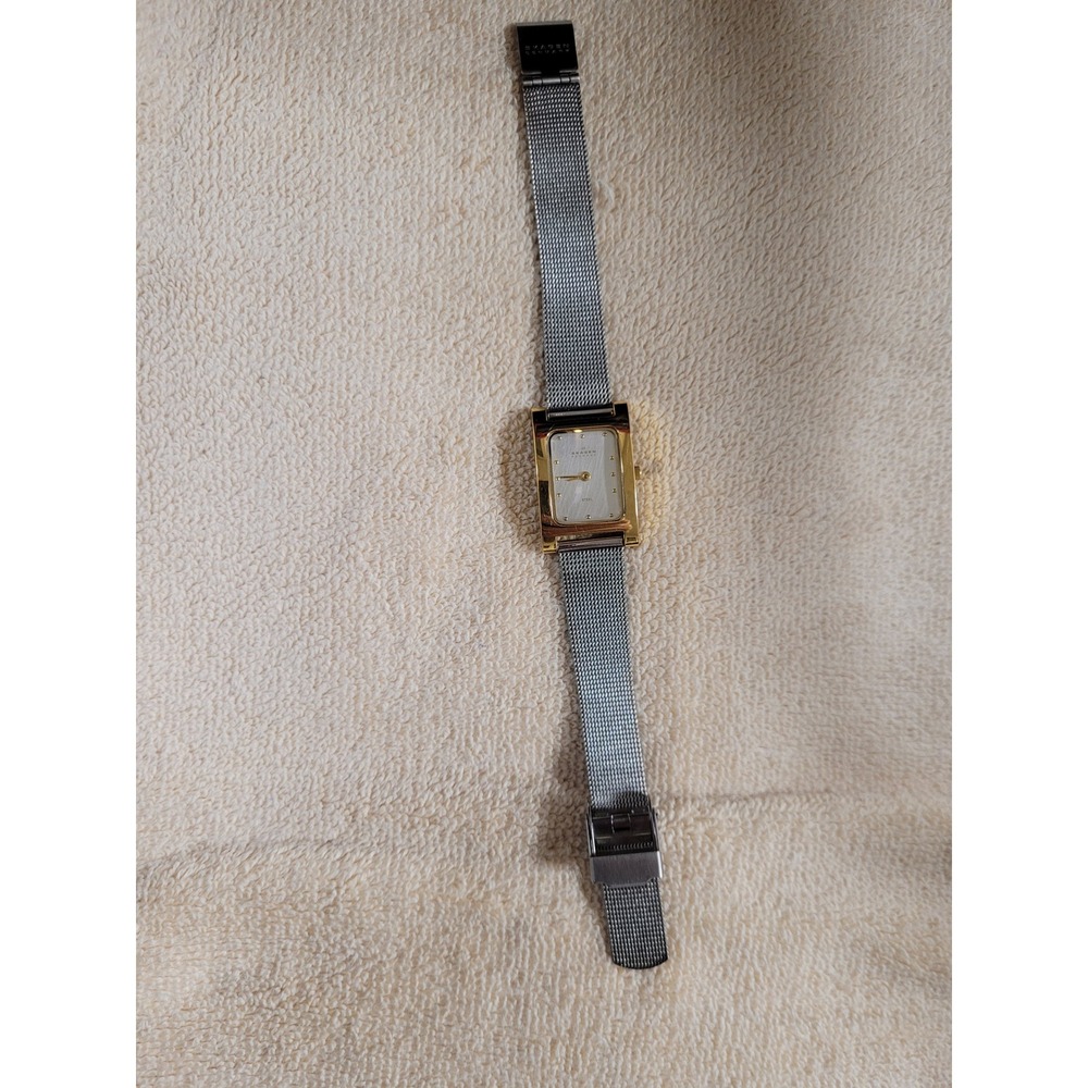 Skagen Denmark Womens Luxe Vintage Rectangular Gold-Silver Mesh Band Wrist Watch